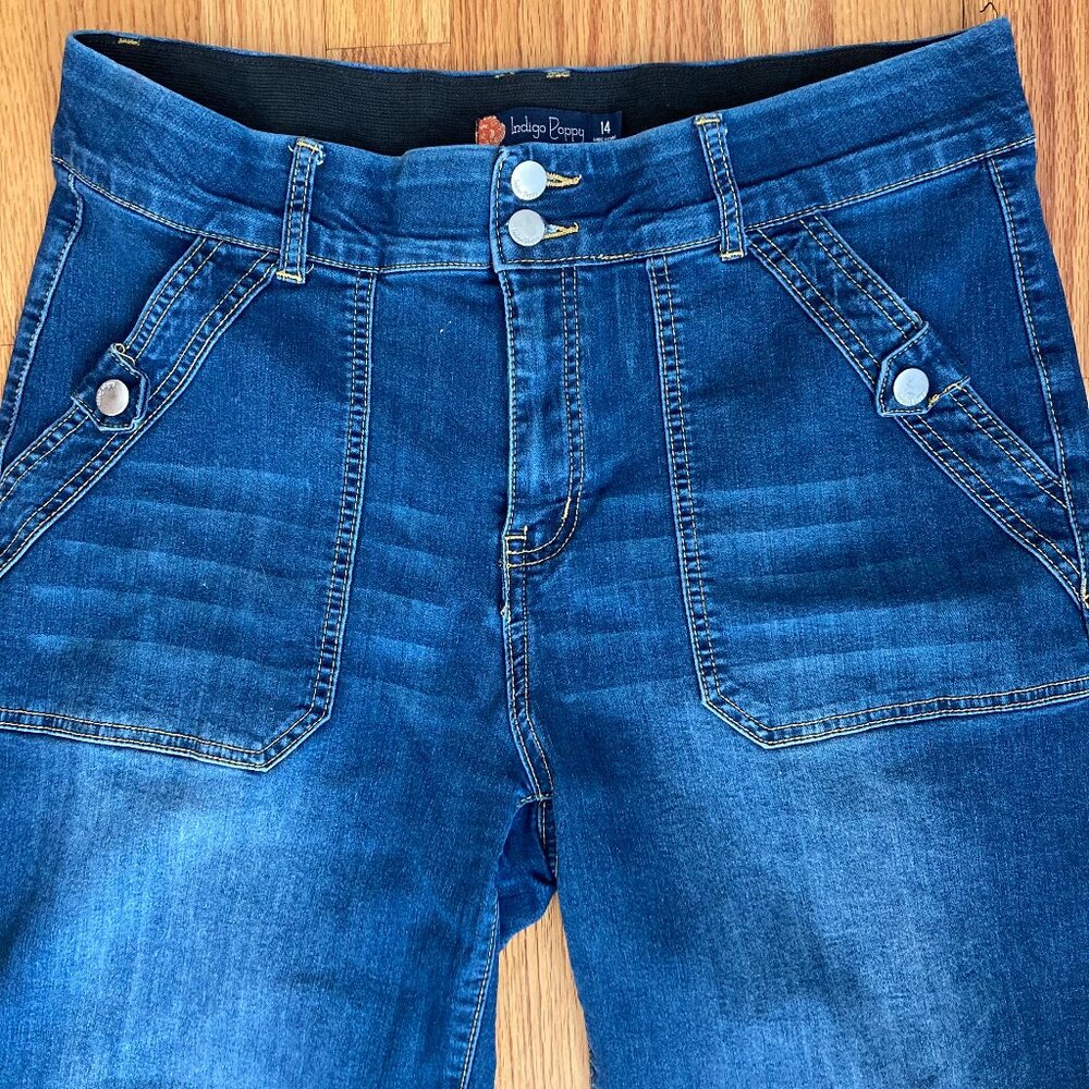 Indigo Poppy Cropped Wide Jeans High Waist Elastic Stretch Comfy and Fun, sz 14 - Picture 2 of 8
